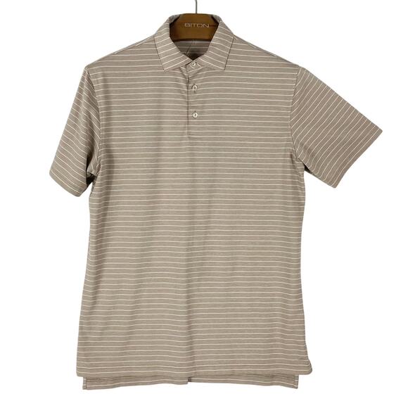 NWT PETER MILLAR Polo Shirt M Beige White Stripe Short-Sleeve Slit-Sides Stretch - Picture 1 of 8